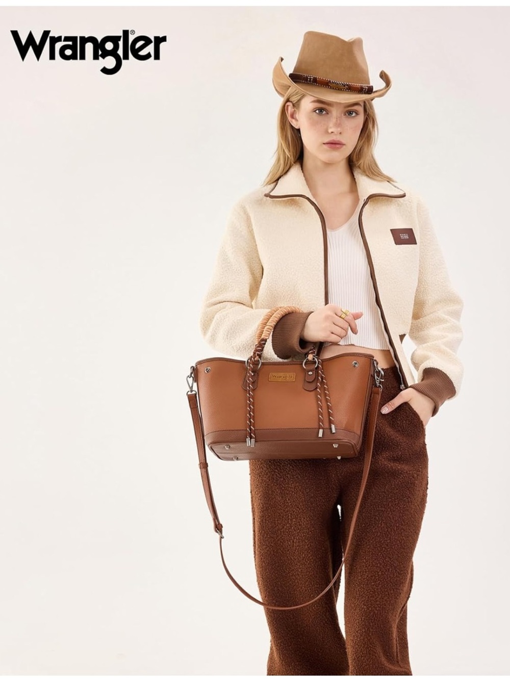 Wrangler Brown Leather Satchel with Braided Rope Handles - Picture 2 of 8